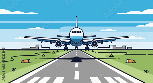 A stylized airplane approaches a runway on a clear day with clouds