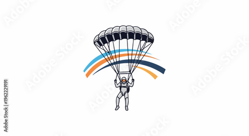 A skydiver descends under a large parachute, with colorful arcs below