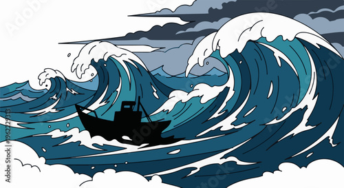 A small boat battles enormous, dark waves under a stormy sky