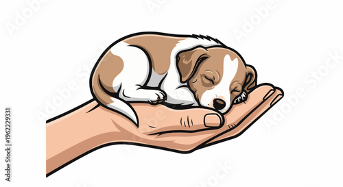 A small, brown and white puppy peacefully sleeps in an open human hand