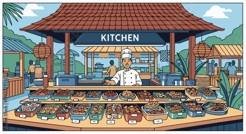 A smiling chef stands behind a buffet with many food dishes