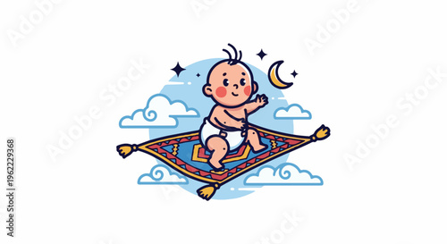 A smiling baby rides a magic carpet through the night sky with clouds