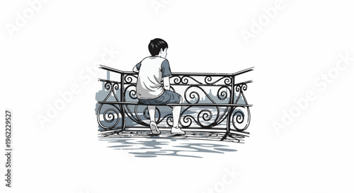 A solitary child sits on a balcony railing, gazing at a cityscape