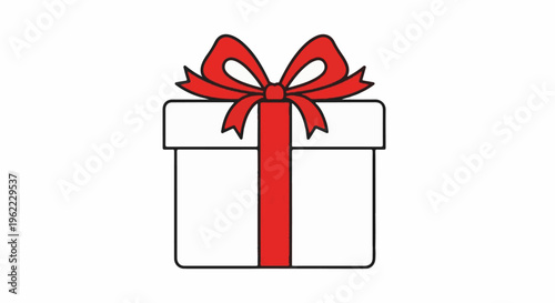 A simple illustration of a white gift box with a red ribbon and bow