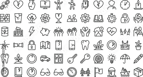 Insurance and Protection Line Icon Set with Health Coverage, Property Security, Risk Management, Safety Policy, Emergency Support, Home Insurance, and Financial Protection Symbols for UI Design