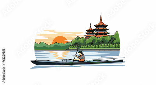 A solitary kayaker paddles on serene water towards traditional architecture at sunset