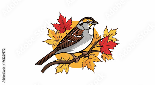 A sparrow perches on a branch surrounded by colorful fall leaves