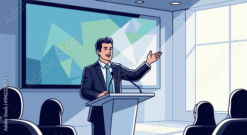 A speaker addresses an audience in a presentation room with a large screen