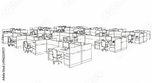 A spacious office interior with rows of cubicles and desks, rendered as a sketch