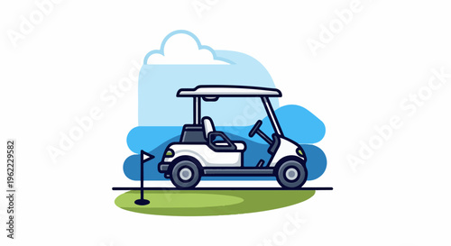 A simple illustration of a white golf cart parked on a green grassy area next to a golf flag and a blue wavy backdrop