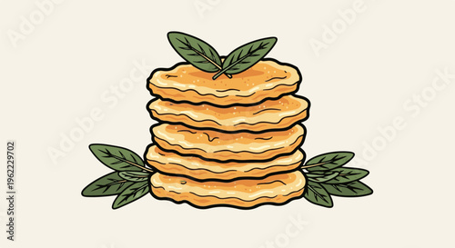 A stack of golden brown pancakes with green leaves
