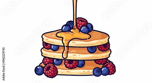 A stack of golden pancakes drizzled with honey and topped with berries