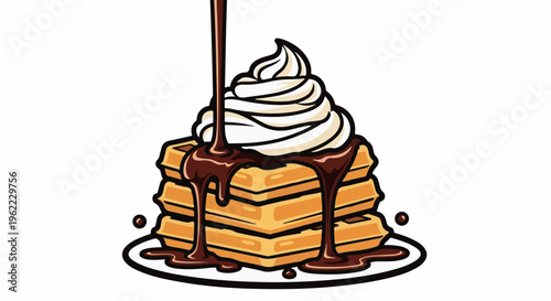 A stack of golden waffles piled high, topped with whipped cream and drizzled with chocolate