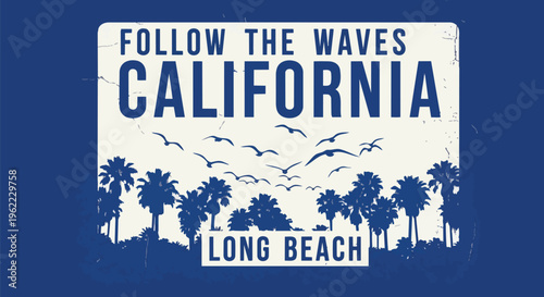 Modern Signboard with palm trees and seagulls, against a blue background, concept for tourism, travel agency branding, and beach promotion.