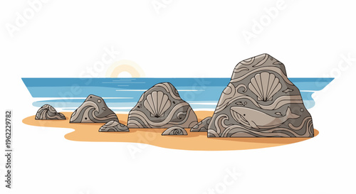 A stylized beach scene with carved rocks and gentle waves under a bright sun