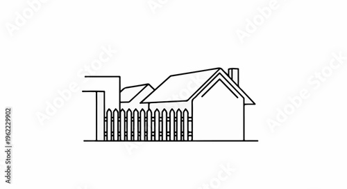 A simple outline drawing of a house with a picket fence and a chimney
