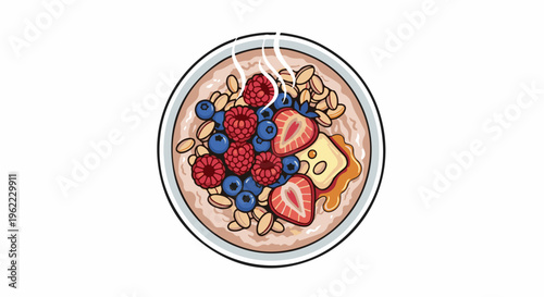 A steaming bowl of oatmeal topped with fresh berries and nuts (1)