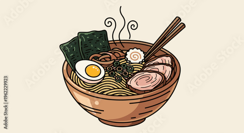 A steaming bowl of ramen with noodles, egg, meat, seaweed, and chopsticks