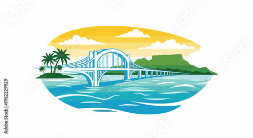 A scenic bridge spans blue water under a yellow sky with palm trees