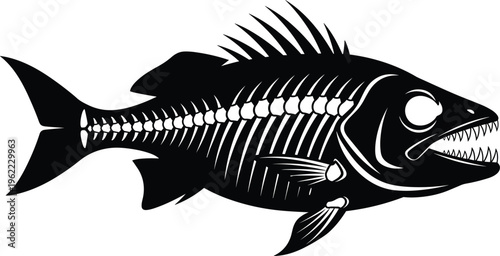 Predatory fish skeleton silhouette illustration, marine ocean creature bone anatomy design, underwater wildlife concept, cad drawing flat vector illustration