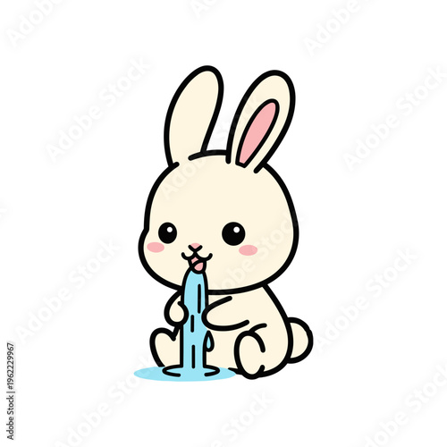 Cute cartoon rabbit licking ice cream cone with dripping blue treat
