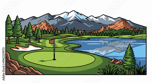 A scenic golf course nestled beside a tranquil lake with majestic mountains in the background