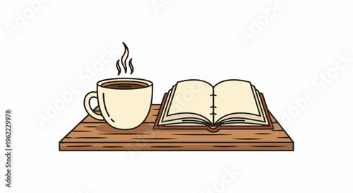 A steaming cup of coffee sits beside an open book on a wooden surface