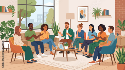 Diverse Group Discussion Illustration – Team Meeting, Therapy Session, and Community Support Concept