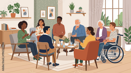 Diverse Group Discussion Illustration – Team Meeting, Therapy Session, and Community Support Concept
