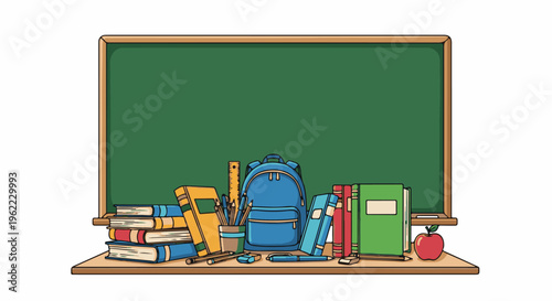A school desk displays books, a backpack, pencils, and an apple before a chalkboard