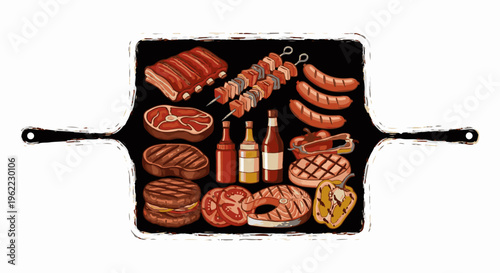 A selection of grilled meats and vegetables arranged on a black surface within a stylized pan
