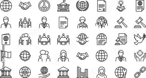 International Diplomacy and Global Relations Line Icon Set with Peace Symbol Government Agreement Meeting Passport Legal Mediation Cooperation and Trade Outline Symbols