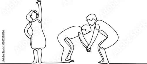 Happy Family Continuous Line Art Drawing Parents With Little Girl United Family Portrait Minimal Black Linear Sketch Vector Illustration