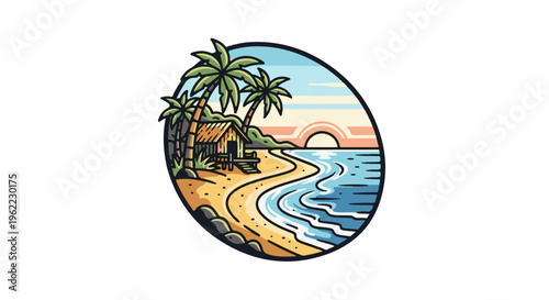 A serene beach scene with a hut, palm trees, and a gentle ocean at sunset