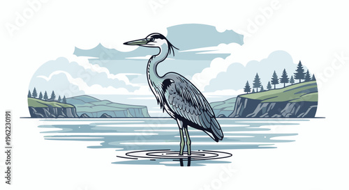 A serene heron stands in still water, with rolling hills and clouds in the background
