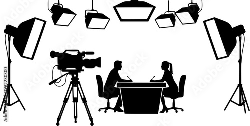 Solid black silhouette of a professional TV studio set with an interview in progress, featuring camera and lighting equipment vector isolated on white.