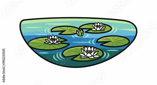 A serene pond scene with blooming white water lilies and lush green pads