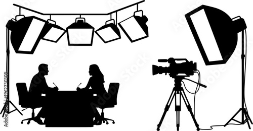 Solid black silhouette of a professional TV studio set with an interview in progress, featuring camera and lighting equipment vector isolated on white.