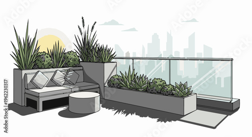A serene urban rooftop oasis with modern seating and lush greenery