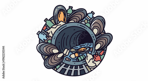 A sewage pipe spills trash and pollution into the ocean, surrounded by mussels