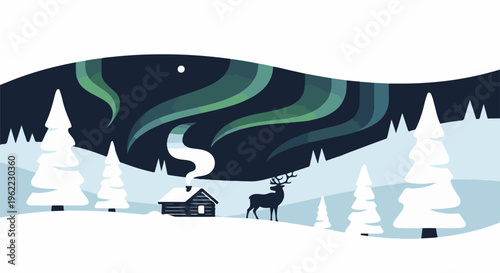 A serene winter night scene with a cabin, reindeer, and aurora borealis