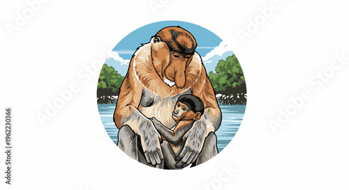 A proboscis monkey and baby embrace by a tropical river with trees