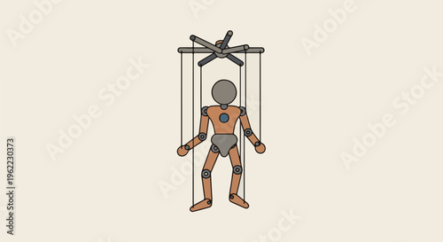 A simplified, flat-designed puppet figure controlled by strings from above