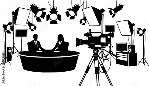 Solid black silhouette of a professional TV studio set with an interview in progress, featuring camera and lighting equipment vector isolated on white.