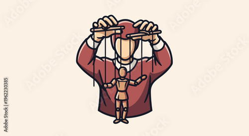 A puppet master controlling a small wooden figure with strings