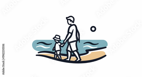 A simplified illustration of a parent and child walking on a beach at sunset