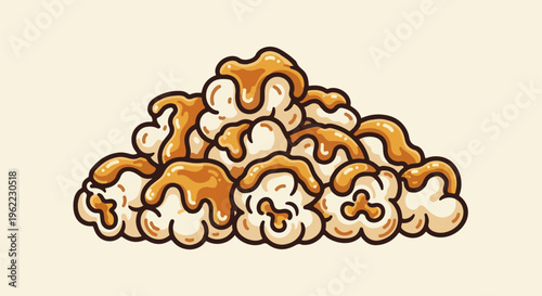 A pile of fluffy popcorn drizzled with sweet caramel sauce