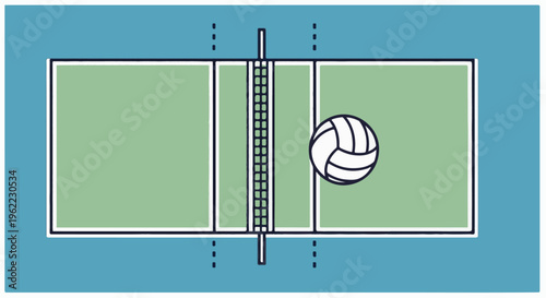 A simplified illustration of a volleyball court with a ball on the right side