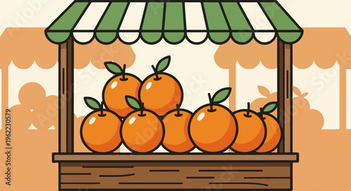 A quaint outdoor stall displays a bountiful harvest of fresh, ripe oranges