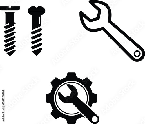 black silhouettes of screws wrench and gear icons for repair and maintenance symbols